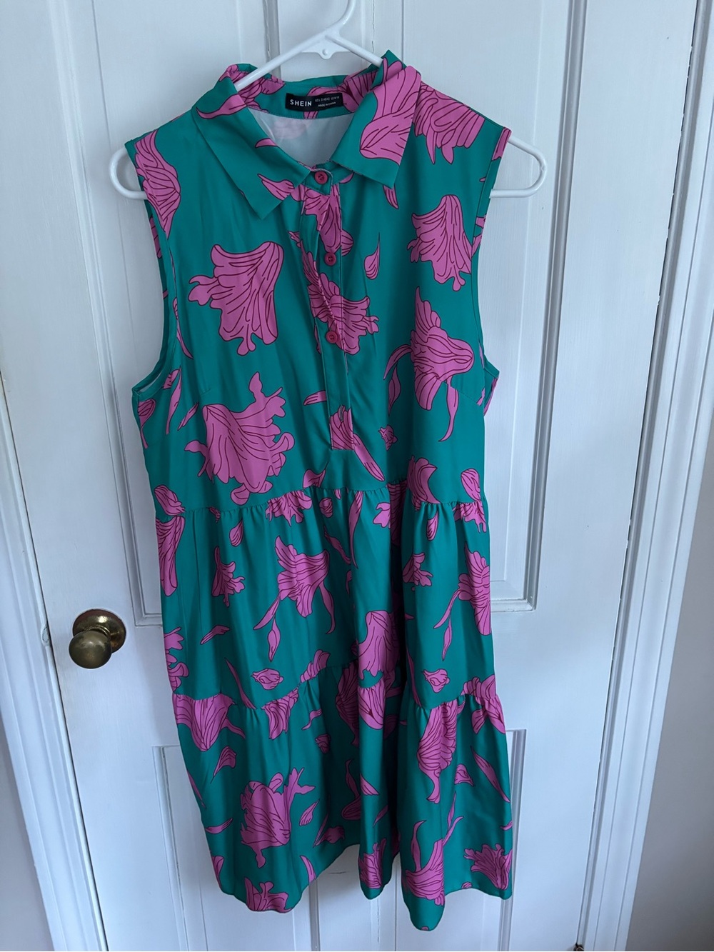 SHEIN Teal Sleeveless Dress with Pink Floral Print